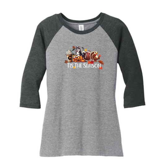Tis The Season Fall Husky DM136L District ® Women’s Perfect Tri 3/4-Sleeve Raglan - WagALotBowWow