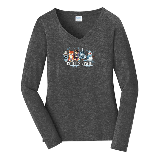 Shiba Inu Tis The Season Winter Port & Company® Ladies Long Sleeve Fan Favorite™ V-Neck Tee LPC450VLS - WagALotBowWow