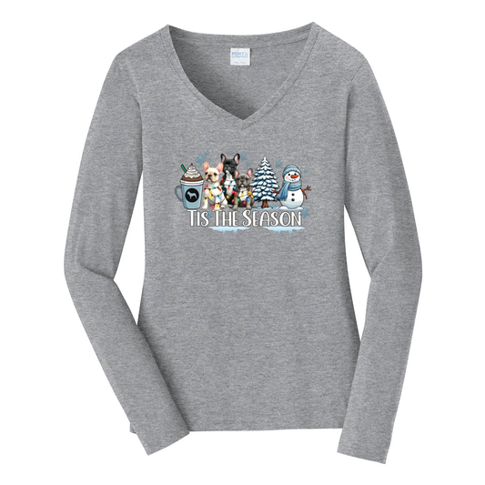 French Bulldog Tis The Season Winter Port & Company® Ladies Long Sleeve Fan Favorite™ V-Neck Tee LPC450VLS - WagALotBowWow