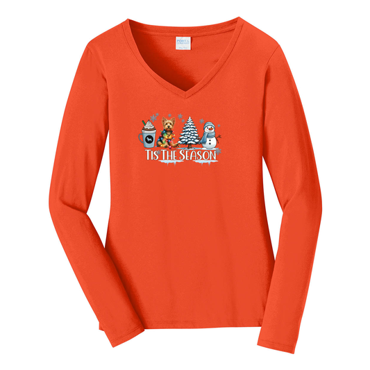 Australian Terrier Tis The Season Winter Port & Company® Ladies Long Sleeve Fan Favorite™ V-Neck Tee LPC450VLS - WagALotBowWow