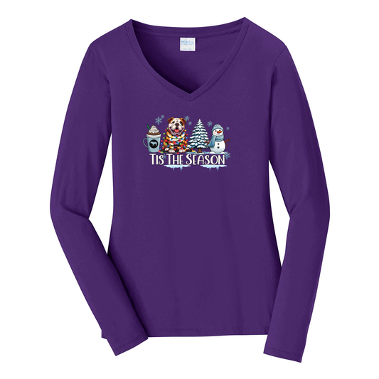 BullDog Tis The Season Winter Port & Company® Ladies Long Sleeve Fan Favorite™ V-Neck Tee LPC450VLS - WagALotBowWow