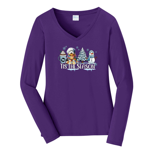 OES Tis The Season Winter Port & Company® Ladies Long Sleeve Fan Favorite™ V-Neck Tee LPC450VLS - WagALotBowWow