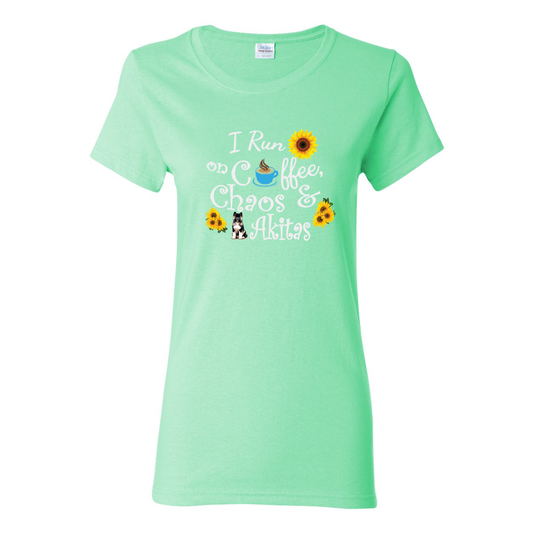 Chaos Akita Sunflower White Ladies SS T-Shirt - WagALotBowWow