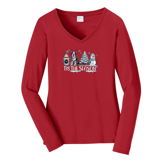 Boston Terrier Tis The Season Winter Port & Company® Ladies Long Sleeve Fan Favorite™ V-Neck Tee LPC450VLS - WagALotBowWow