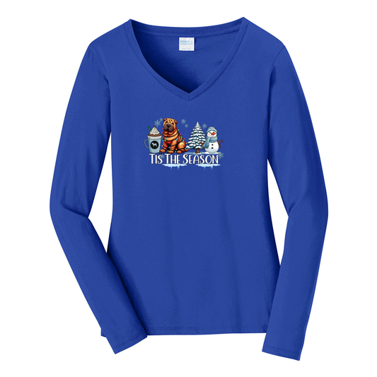 Chinese Shar-Pei Tis The Season Winter Port & Company® Ladies Long Sleeve Fan Favorite™ V-Neck Tee LPC450VLS - WagALotBowWow