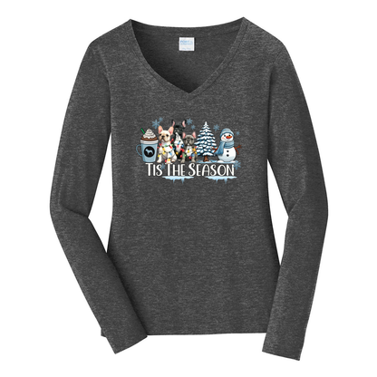 French Bulldog Tis The Season Winter Port & Company® Ladies Long Sleeve Fan Favorite™ V-Neck Tee LPC450VLS