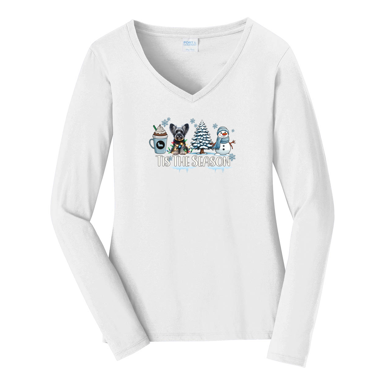 Skye Terrier Tis The Season Winter Port & Company® Ladies Long Sleeve Fan Favorite™ V-Neck Tee LPC450VLS