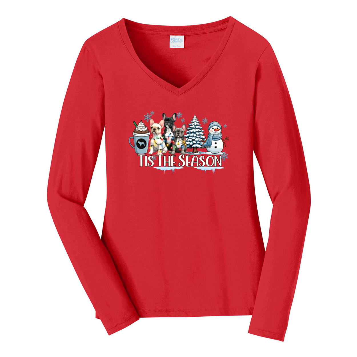 French Bulldog Tis The Season Winter Port & Company® Ladies Long Sleeve Fan Favorite™ V-Neck Tee LPC450VLS