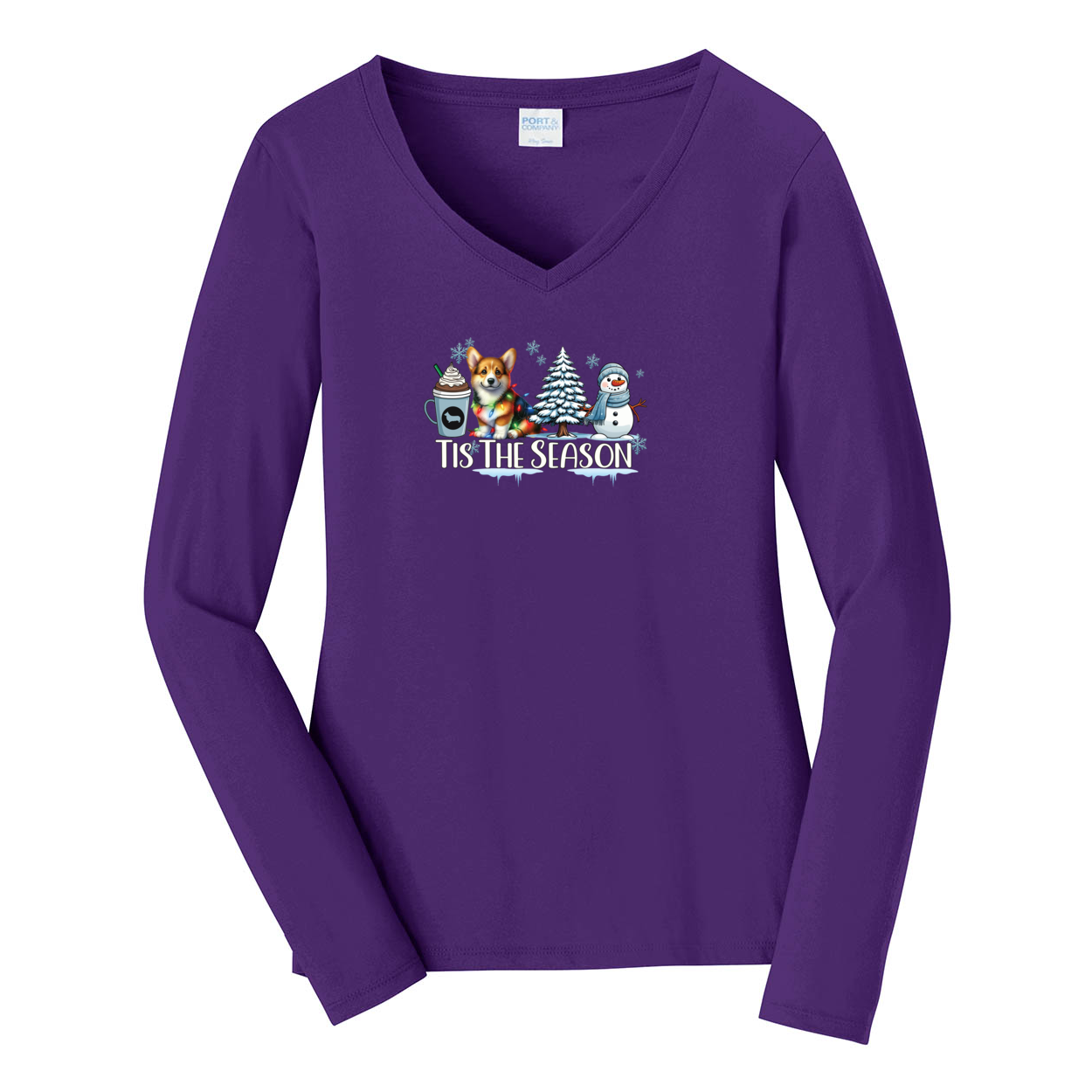 Pembroke Welsh Corgi Tis The Season Winter Port & Company® Ladies Long Sleeve Fan Favorite™ V-Neck Tee LPC450VLS