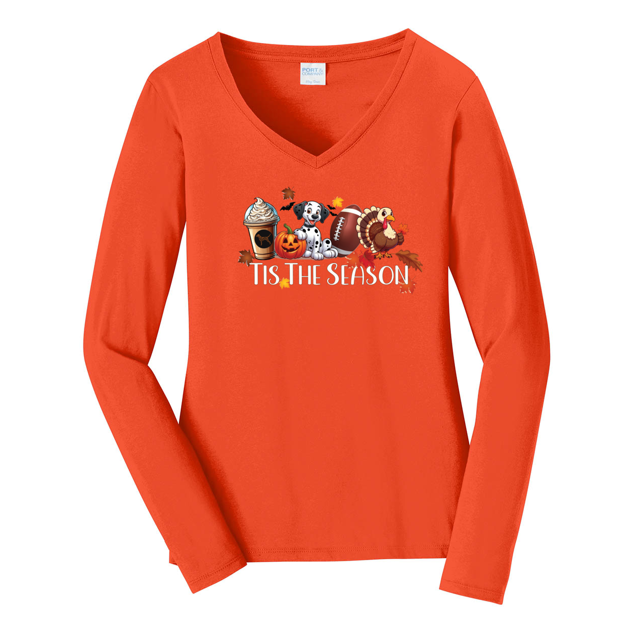 Dalmatian Tis The Season Fall Port & Company® Ladies Long Sleeve Fan Favorite™ V-Neck Tee LPC450VLS