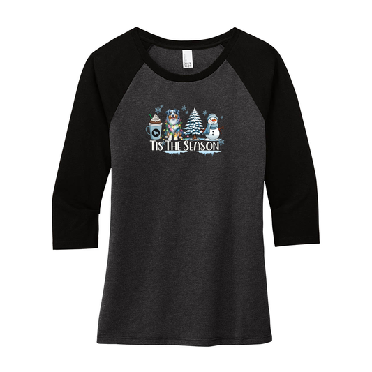 Blue Merle Australian Shepherd Winter Tis The Season 3/4-Sleeve Raglan