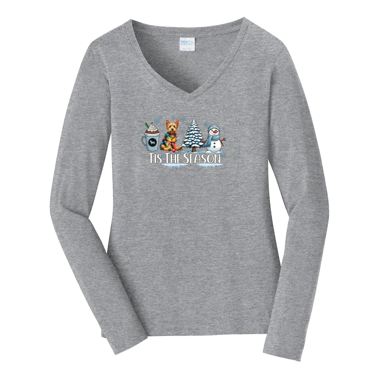 Australian Terrier Tis The Season Winter Port & Company® Ladies Long Sleeve Fan Favorite™ V-Neck Tee LPC450VLS