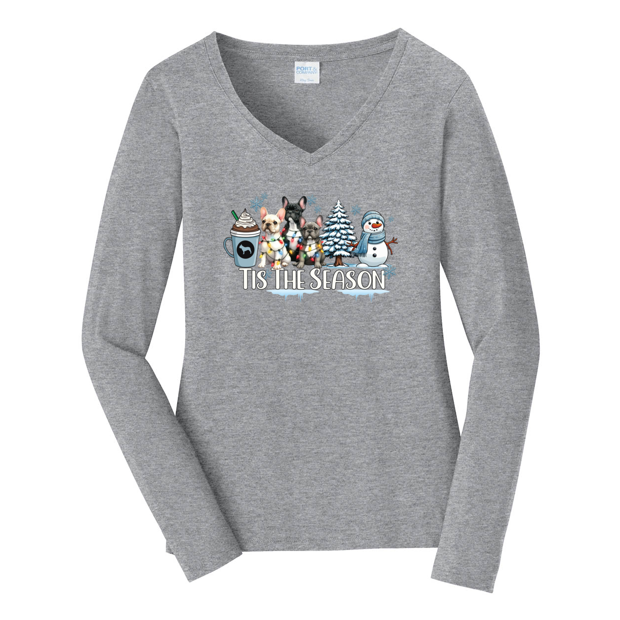 French Bulldog Tis The Season Winter Port & Company® Ladies Long Sleeve Fan Favorite™ V-Neck Tee LPC450VLS