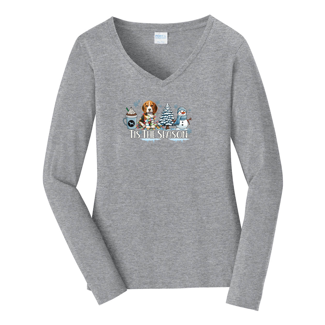 Beagle Tis The Season Winter Port & Company® Ladies Long Sleeve Fan Favorite™ V-Neck Tee LPC450VLS