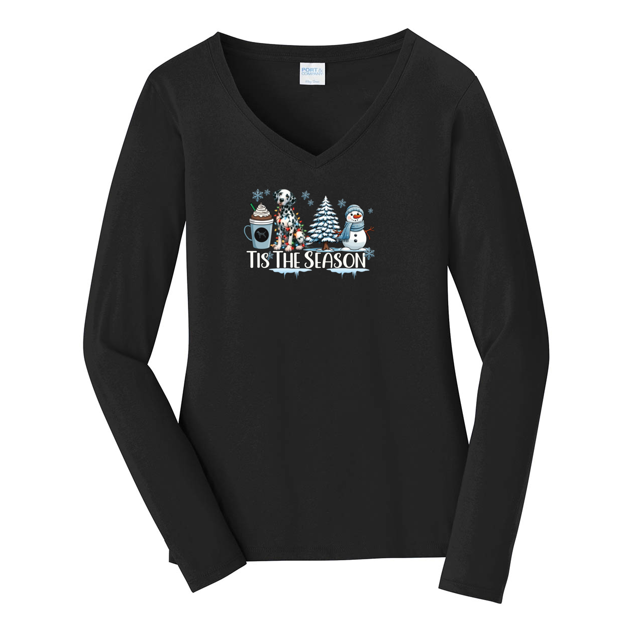 Dalmatian Tis The Season Winter Port & Company® Ladies Long Sleeve Fan Favorite™ V-Neck Tee LPC450VLS