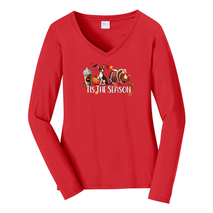 Rat Terrier Tis The Season Fall Port & Company® Ladies Long Sleeve Fan Favorite™ V-Neck Tee LPC450VLS