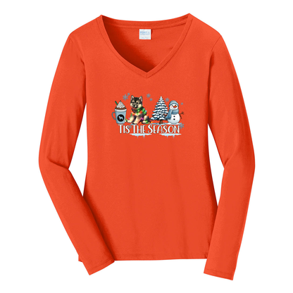 Norwegian Elkhound Tis The Season Winter Port & Company® Ladies Long Sleeve Fan Favorite™ V-Neck Tee LPC450VLS