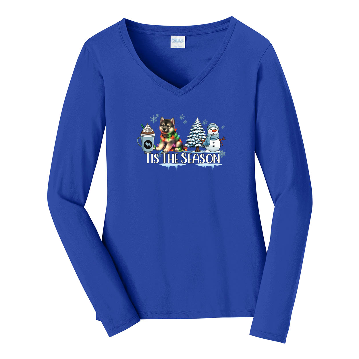 Norwegian Elkhound Tis The Season Winter Port & Company® Ladies Long Sleeve Fan Favorite™ V-Neck Tee LPC450VLS