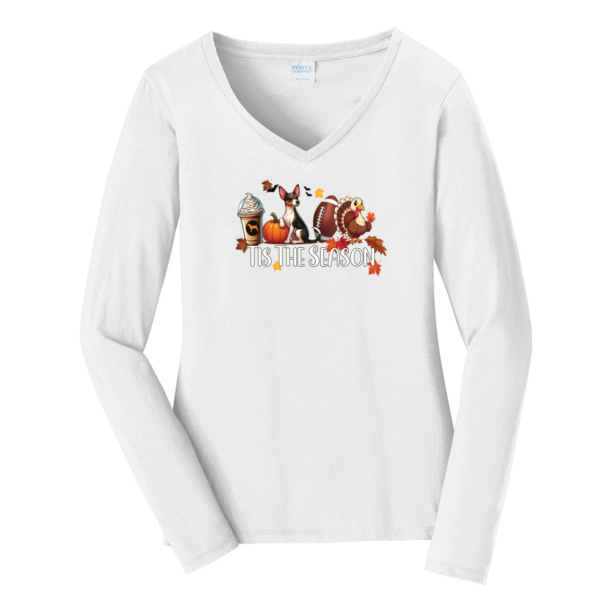 Rat Terrier Tis The Season Fall Port & Company® Ladies Long Sleeve Fan Favorite™ V-Neck Tee LPC450VLS