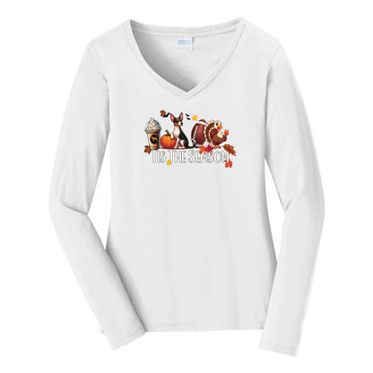 Rat Terrier Tis The Season Fall Port & Company® Ladies Long Sleeve Fan Favorite™ V-Neck Tee LPC450VLS