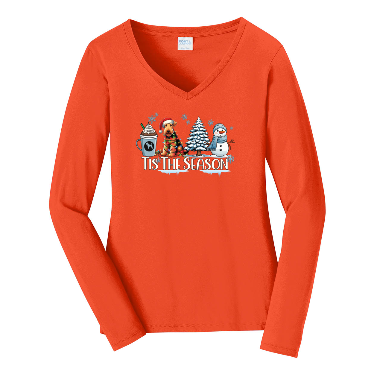 Airedale Terrier Tis The Season Winter Port & Company® Ladies Long Sleeve Fan Favorite™ V-Neck Tee LPC450VLS