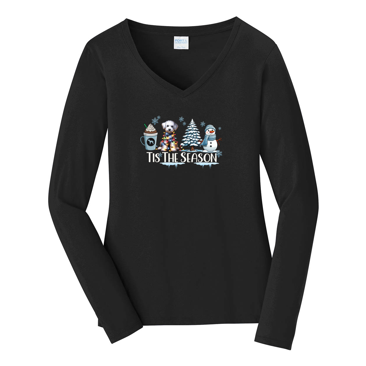 Bedlington Terrier Tis The Season Winter Port & Company® Ladies Long Sleeve Fan Favorite™ V-Neck Tee LPC450VLS