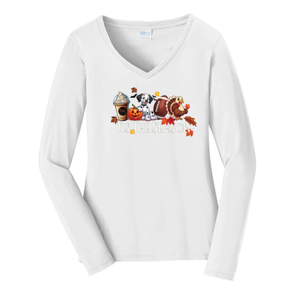 Dalmatian Tis The Season Fall Port & Company® Ladies Long Sleeve Fan Favorite™ V-Neck Tee LPC450VLS