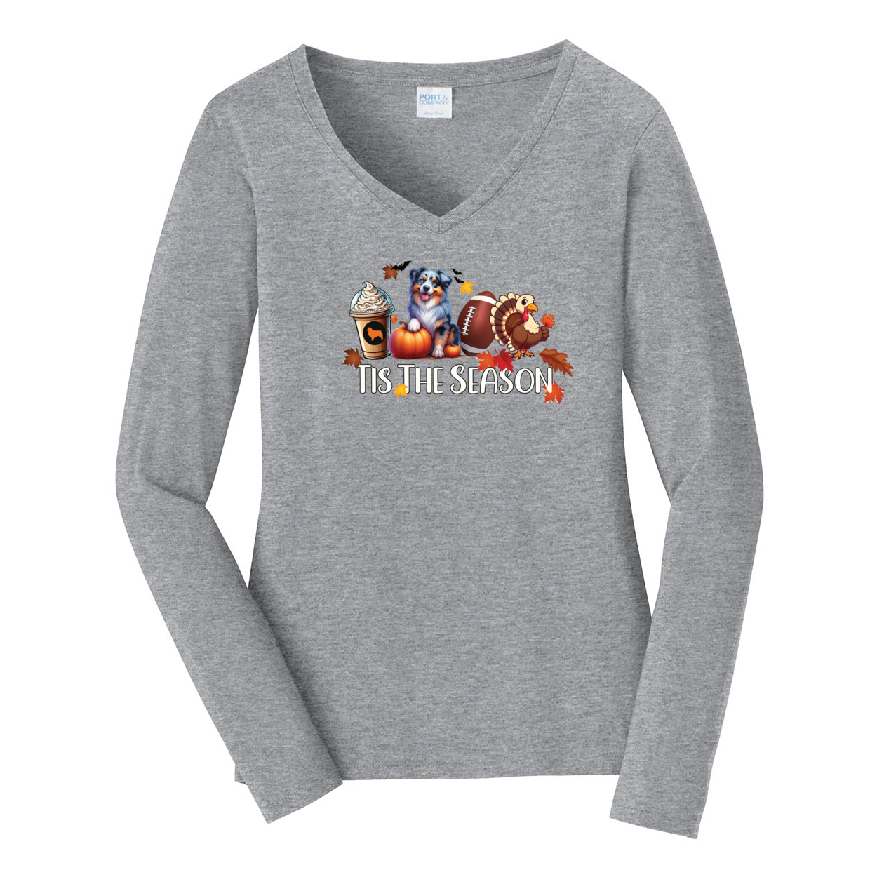 Blue Merle Australian Shepherd Tis The Season Fall V-Neck Long Sleeve