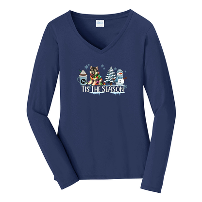 Norwegian Elkhound Tis The Season Winter Port & Company® Ladies Long Sleeve Fan Favorite™ V-Neck Tee LPC450VLS