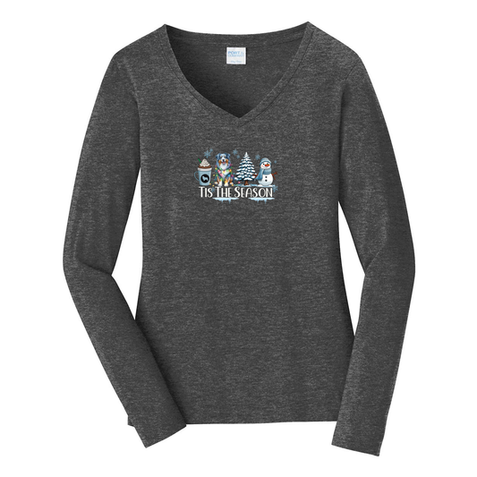 Blue Merle Australian Shepherd Tis The Season Winter V-Neck Long Sleeve