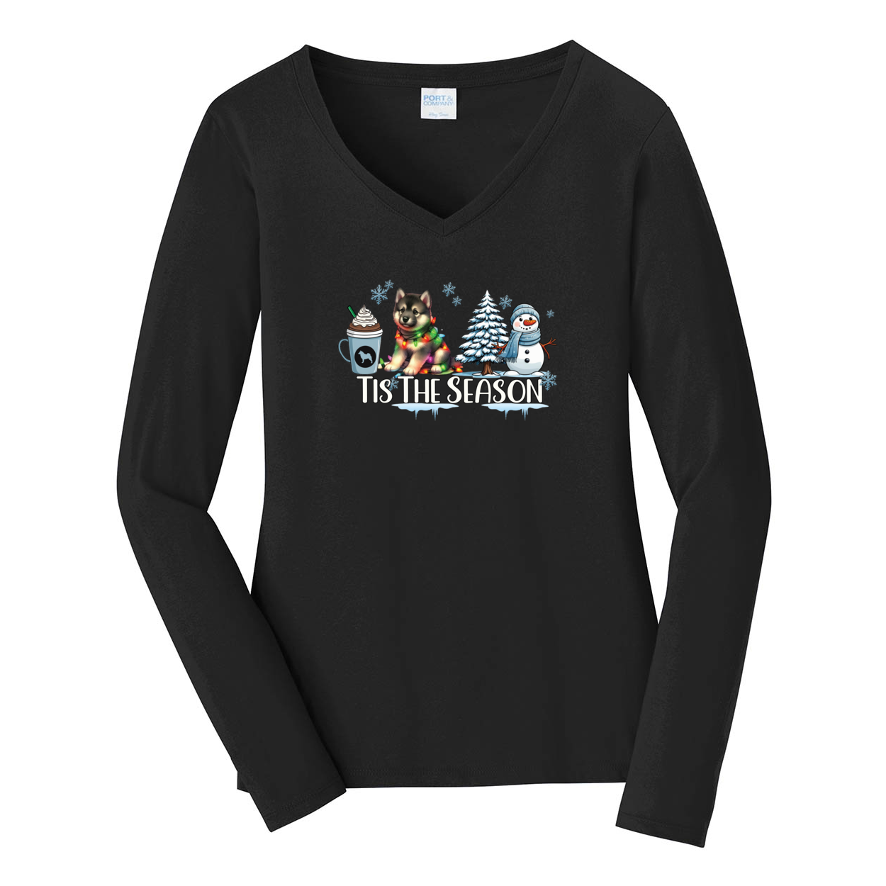 Norwegian Elkhound Tis The Season Winter Port & Company® Ladies Long Sleeve Fan Favorite™ V-Neck Tee LPC450VLS