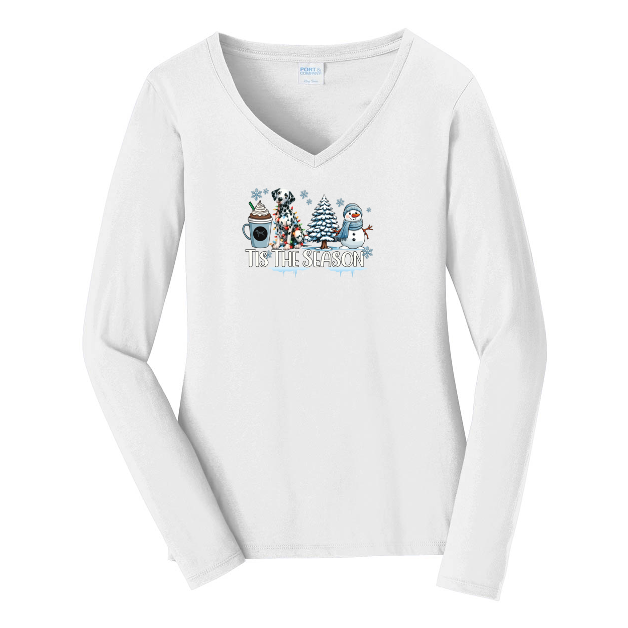 Dalmatian Tis The Season Winter Port & Company® Ladies Long Sleeve Fan Favorite™ V-Neck Tee LPC450VLS