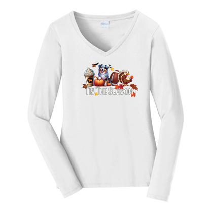 Blue Merle Australian Shepherd Tis The Season Fall V-Neck Long Sleeve