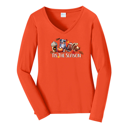 Blue Merle Australian Shepherd Tis The Season Fall V-Neck Long Sleeve