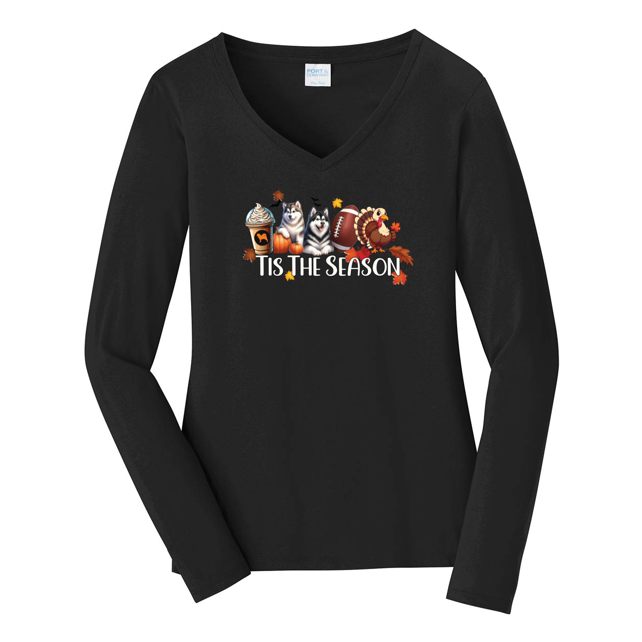 Alaskan Malamute Tis The Season Fall Port & Company® Ladies Long Sleeve Fan Favorite™ V-Neck Tee LPC450VLS