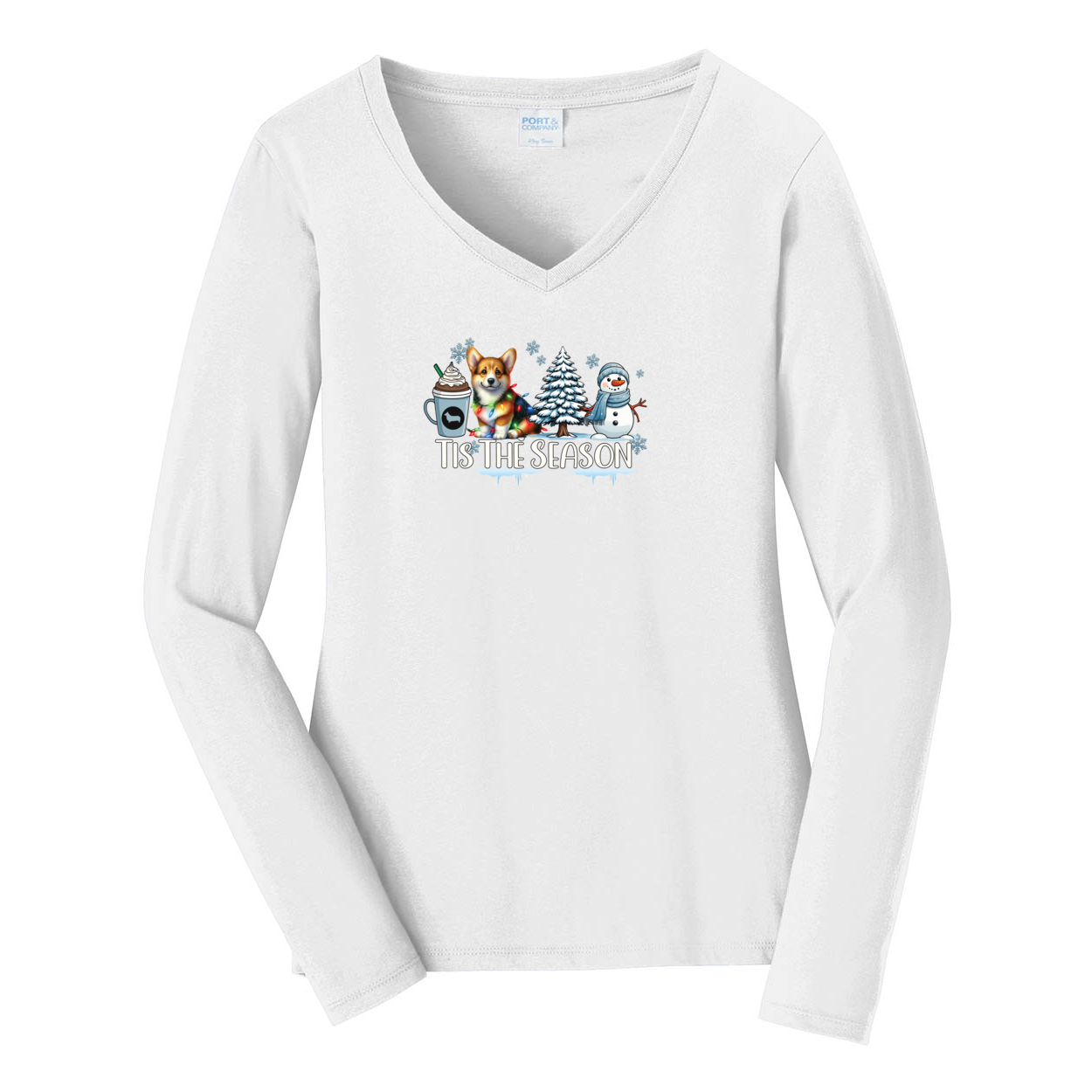 Pembroke Welsh Corgi Tis The Season Winter Port & Company® Ladies Long Sleeve Fan Favorite™ V-Neck Tee LPC450VLS