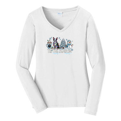 Boston Terrier Tis The Season Winter Port & Company® Ladies Long Sleeve Fan Favorite™ V-Neck Tee LPC450VLS