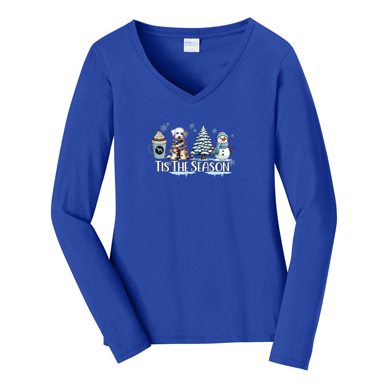 Bedlington Terrier Tis The Season Winter Port & Company® Ladies Long Sleeve Fan Favorite™ V-Neck Tee LPC450VLS