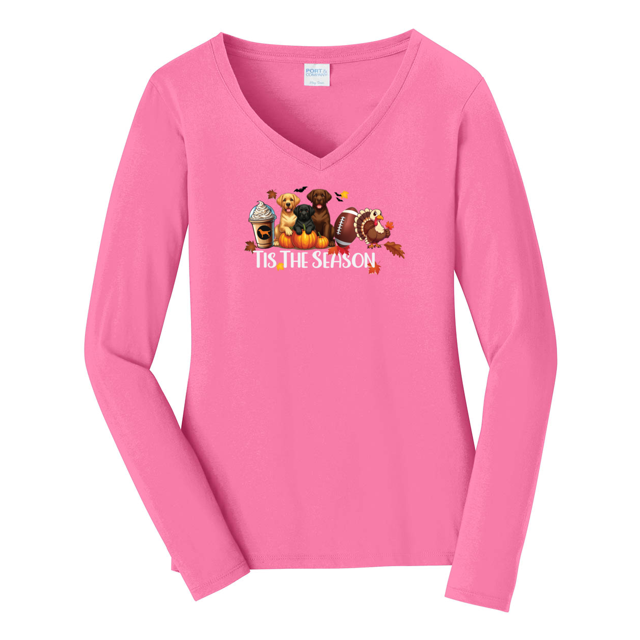 Labrador Tis The Season Turkey Port & Company® Ladies Long Sleeve Fan Favorite™ V-Neck Tee LPC450VLS