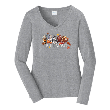 Alaskan Malamute Tis The Season Fall Port & Company® Ladies Long Sleeve Fan Favorite™ V-Neck Tee LPC450VLS