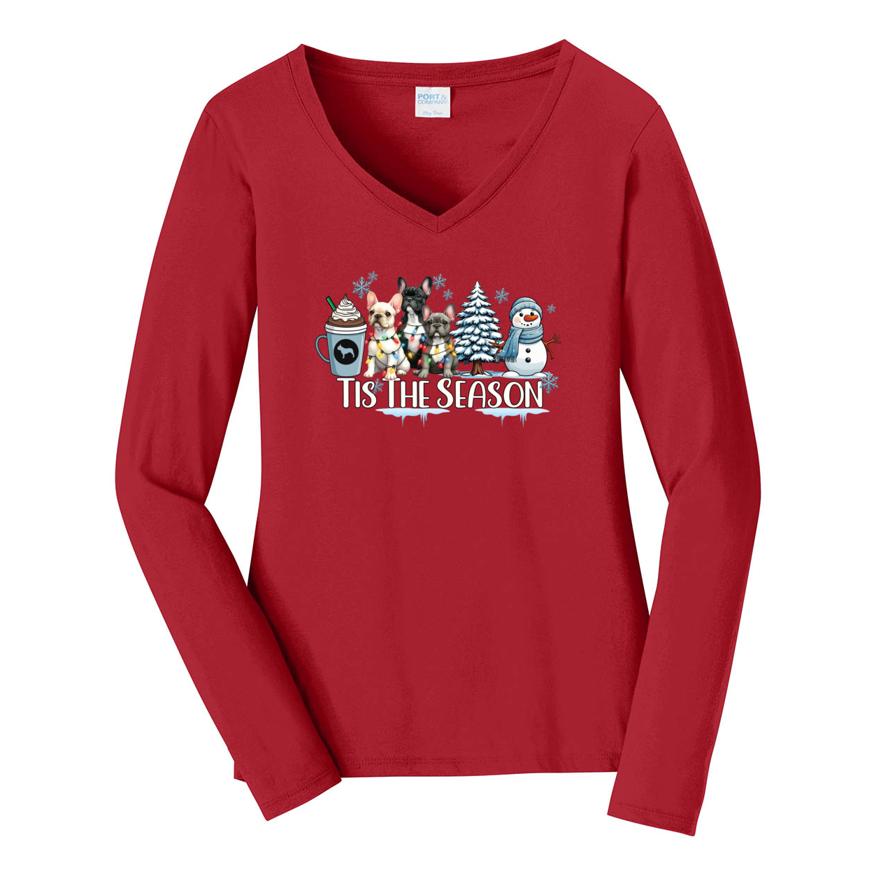 French Bulldog Tis The Season Winter Port & Company® Ladies Long Sleeve Fan Favorite™ V-Neck Tee LPC450VLS