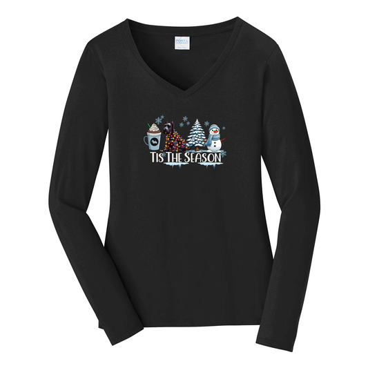 Scottish Terrier Tis The Season Winter Port & Company® Ladies Long Sleeve Fan Favorite™ V-Neck Tee LPC450VLS