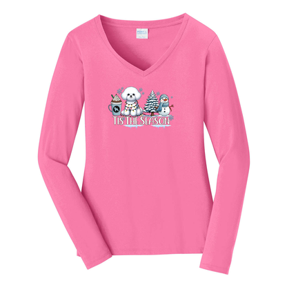 Bichon Frisé Tis The Season Winter Port & Company® Ladies Long Sleeve Fan Favorite™ V-Neck Tee LPC450VLS