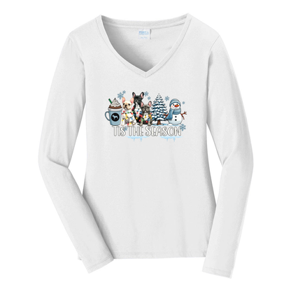 French Bulldog Tis The Season Winter Port & Company® Ladies Long Sleeve Fan Favorite™ V-Neck Tee LPC450VLS