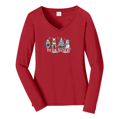 Bull Terrier Tis The Season Winter Port & Company® Ladies Long Sleeve Fan Favorite™ V-Neck Tee LPC450VLS