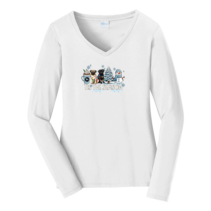 Pug Tis The Season Winter Ladies Long Sleeve Fan Favorite™ V-Neck Tee