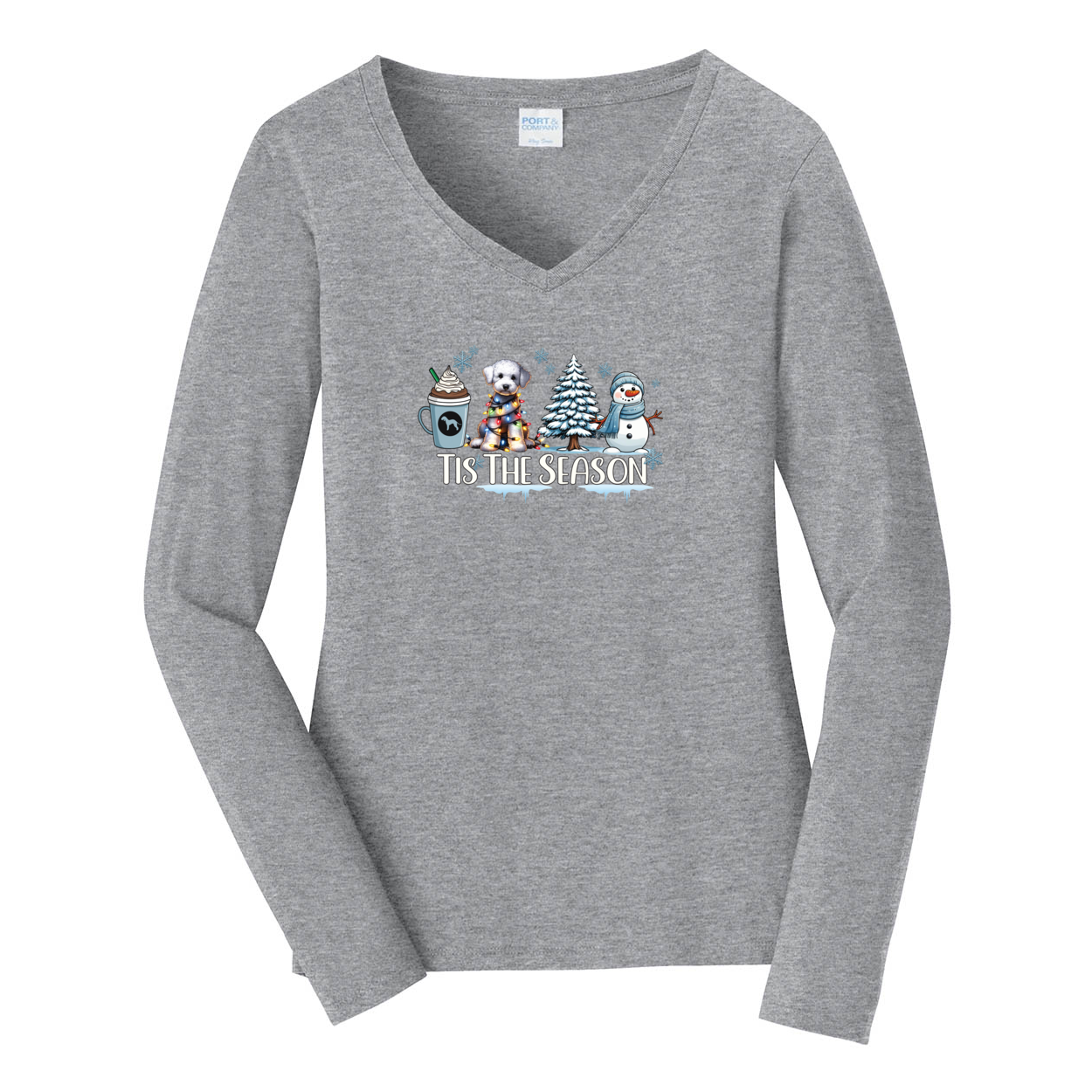 Bedlington Terrier Tis The Season Winter Port & Company® Ladies Long Sleeve Fan Favorite™ V-Neck Tee LPC450VLS