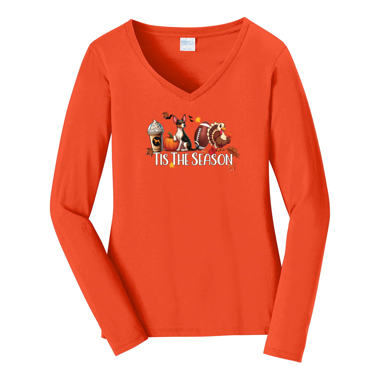 Rat Terrier Tis The Season Fall Port & Company® Ladies Long Sleeve Fan Favorite™ V-Neck Tee LPC450VLS