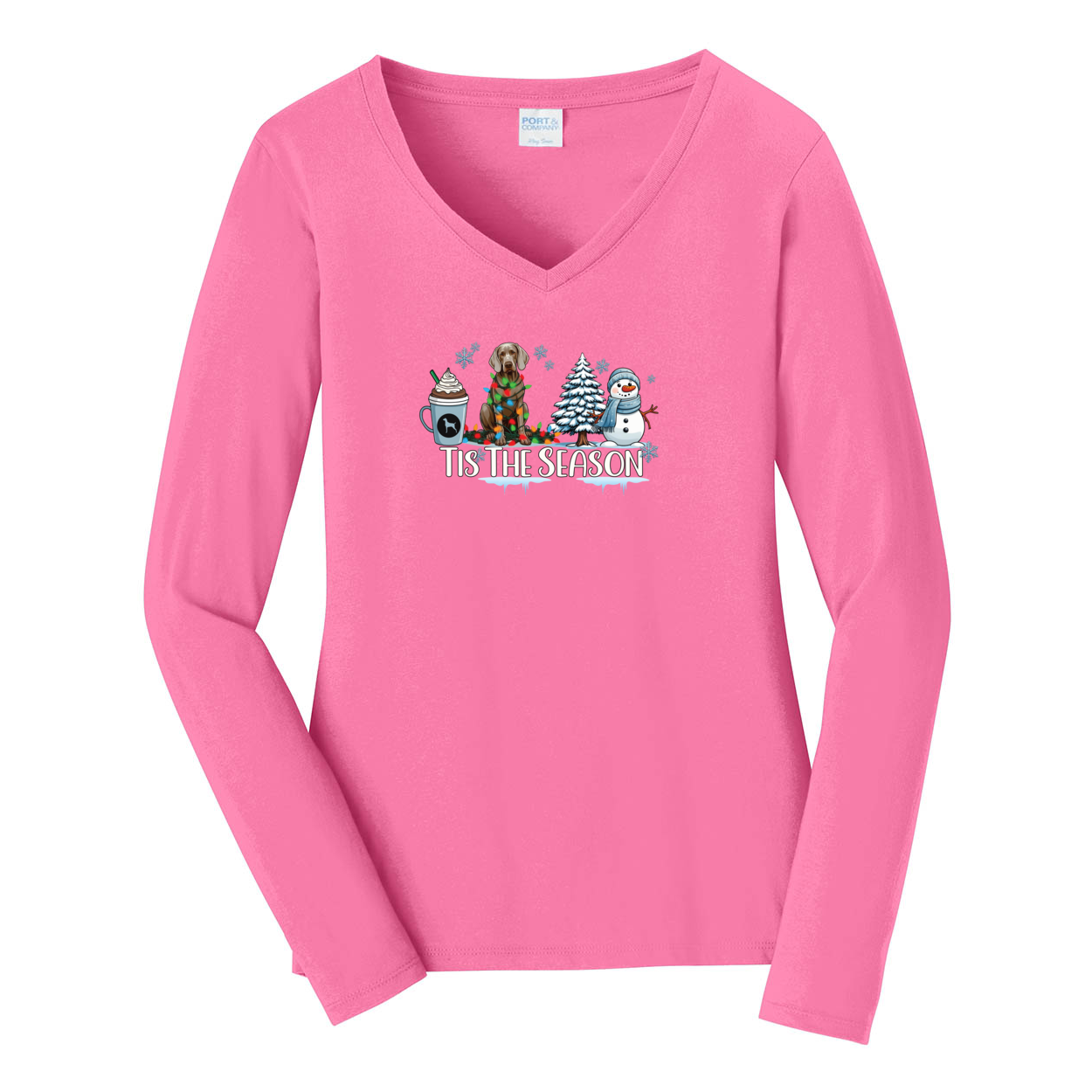 Weimaraner Tis The Season Winter Port & Company® Ladies Long Sleeve Fan Favorite™ V-Neck Tee LPC450VLS