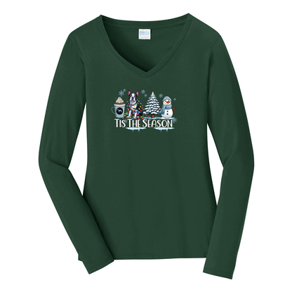 Boston Terrier Tis The Season Winter Port & Company® Ladies Long Sleeve Fan Favorite™ V-Neck Tee LPC450VLS